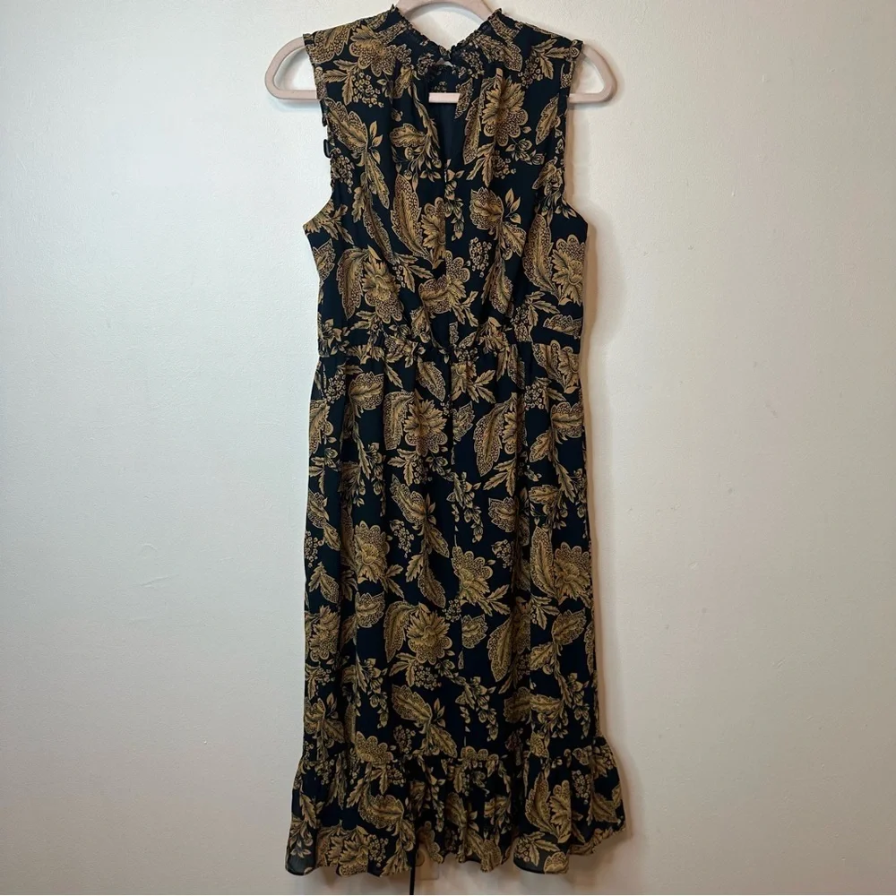 J Crew Women’s Blue & Gold Floral Chiffon High Neck NWT Dress Size 10